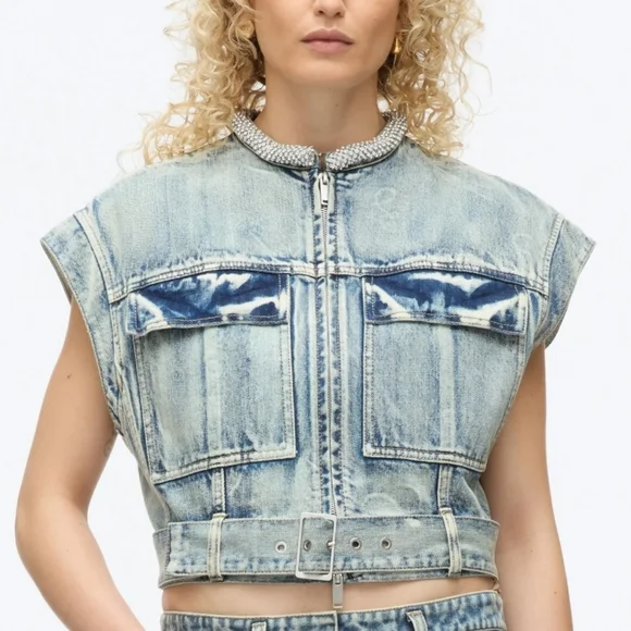 3.1 Pillip Lim Denim Vest with Crystal Necklace - Picture 3 of 8